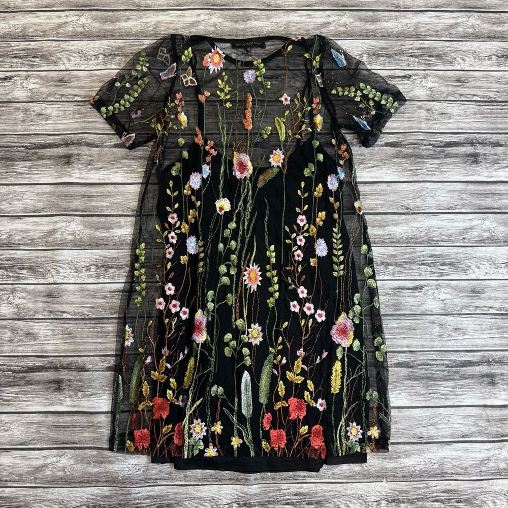 The Vintage Shop Women's Lace Mini Dress Small Black Floral Embroidered - Picture 13 of 14